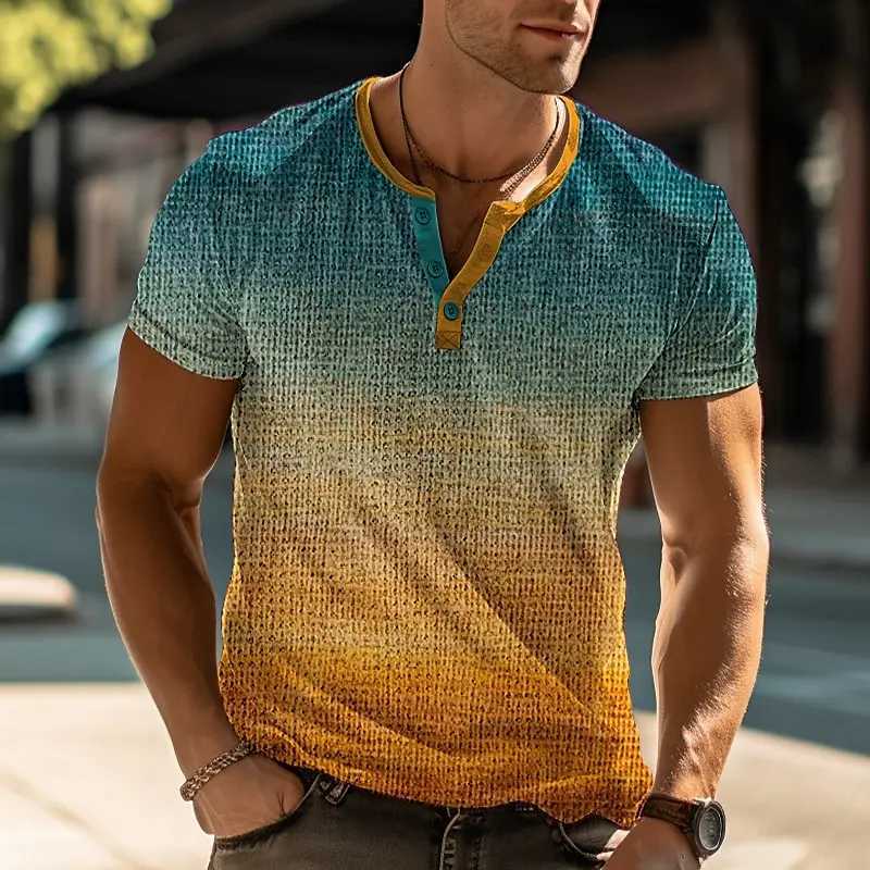 Summer gradient 3D printed Henry shirt mens fashion retro oversized button short sleeved T-shirt mens T-shirt mens top W250425