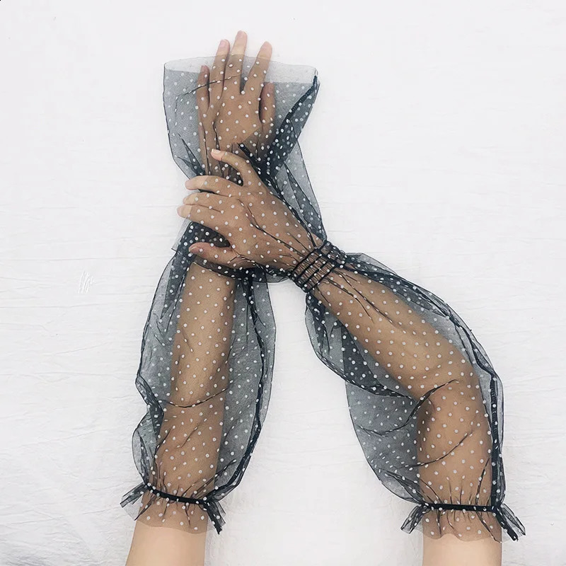 Summer Women White Black Dot Lace Long Tulle Arm Sleeve Gloves Sexy Anti-UV Mesh Cycling Driving Gloves Arm Cover Gloves 250424