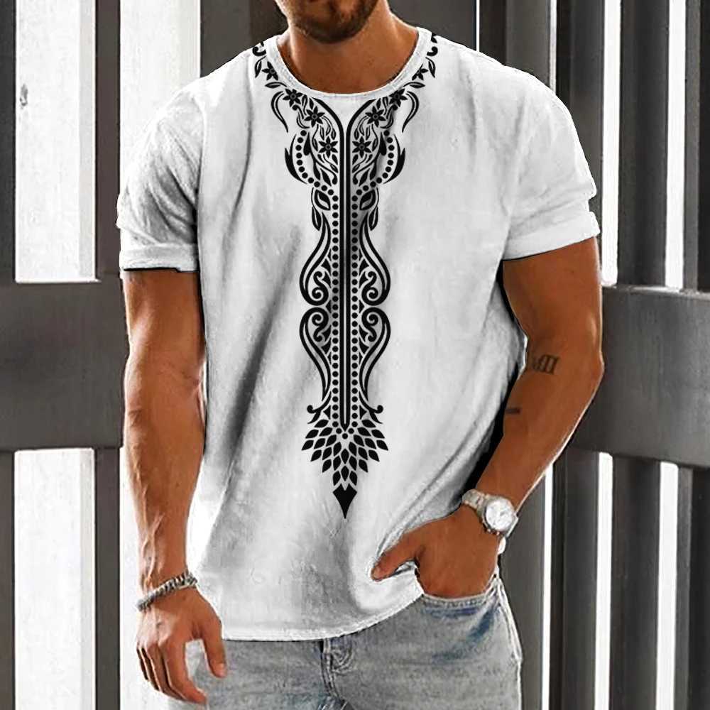 Retro mens T-shirt with ethnic print casual short sleeved summer round neck mens loose sportswear breathable mens clothing W250425