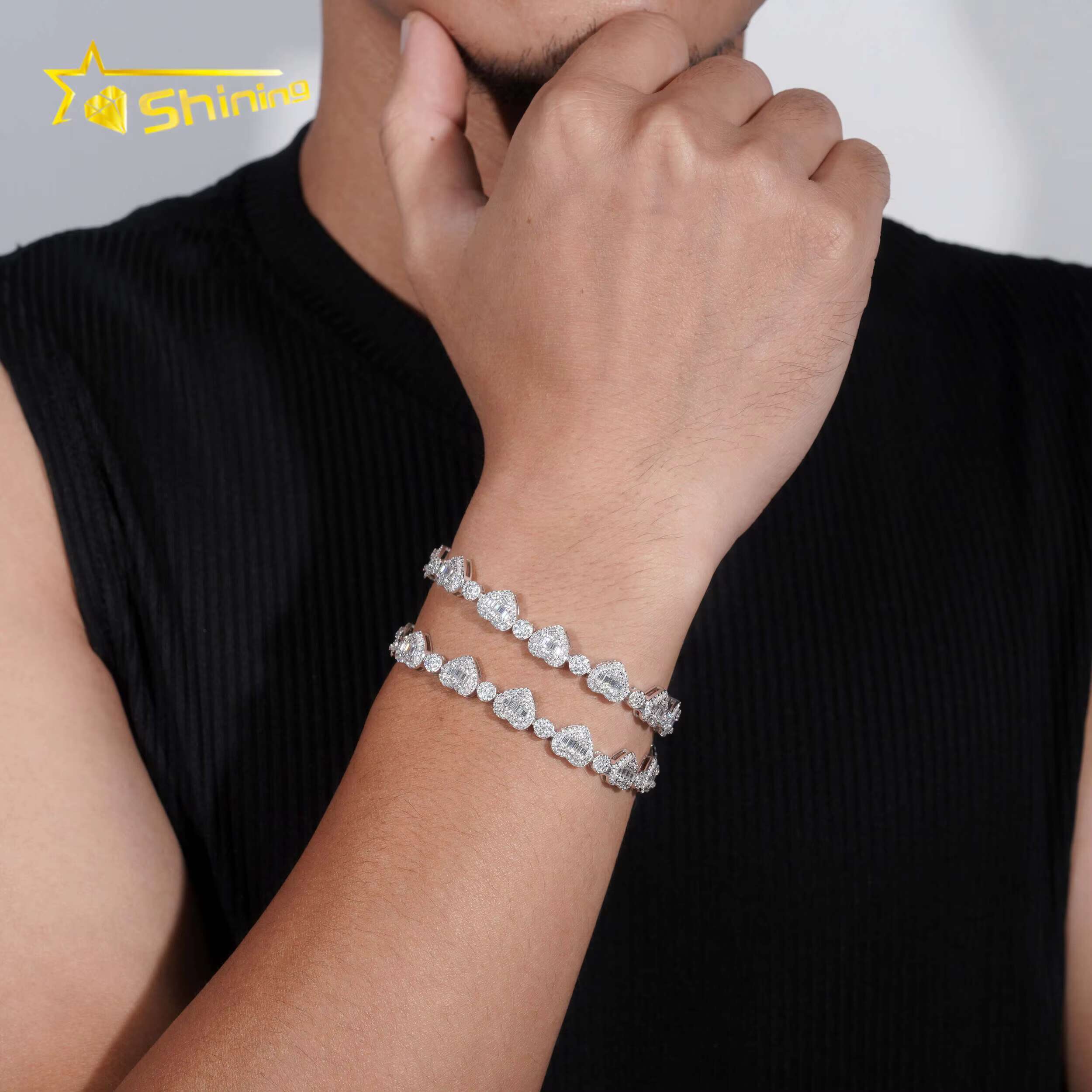 New Iced Out 925 Sterling Silver Heart Shape Moissanite Bracelet Trendy Men Hip Hop Jewelry Moissanite Cuban Link Chain