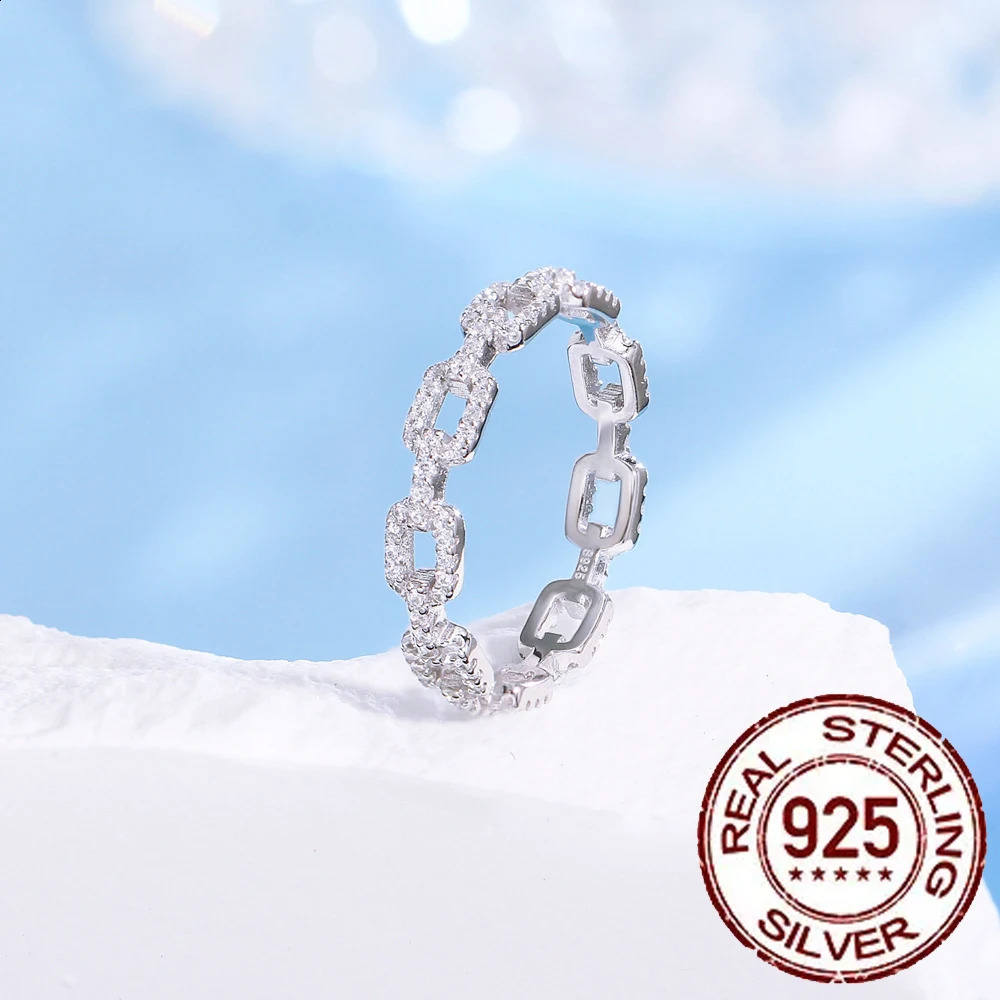 CWWZircons 925 Sterling Silver Trendy Cuban Link Chain Finger Rings for Women White CZ Fine Party Accessories Jewelry Gift SR011 250425