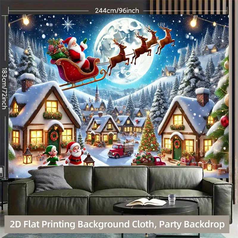 Winter Wonderland Christmas Tapestry Santa Sleigh with Rudolph and Elves Snow Scene Wall Art for Indoor Outdoor Party DecorM251125
