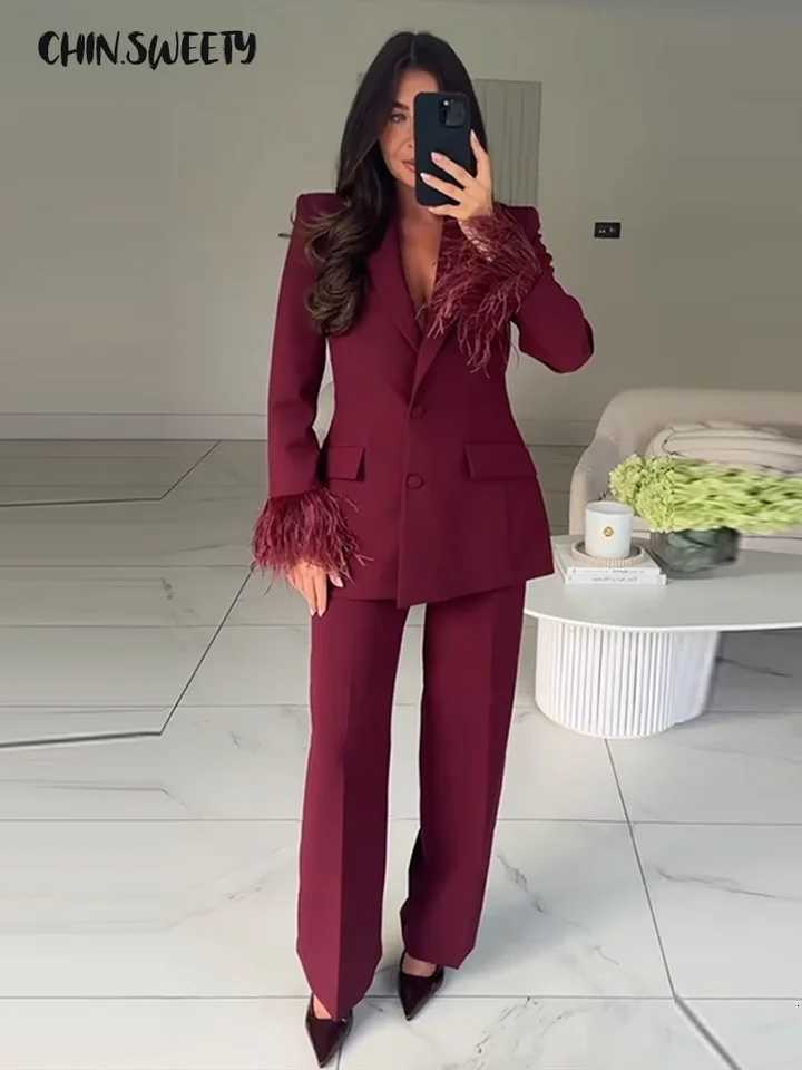 Ele Feathers Women Blazer Pants Suit Lapel Button Coat Straight Wide Leg Trousers Lady Set 2025 Autumn Female Outfits W251125