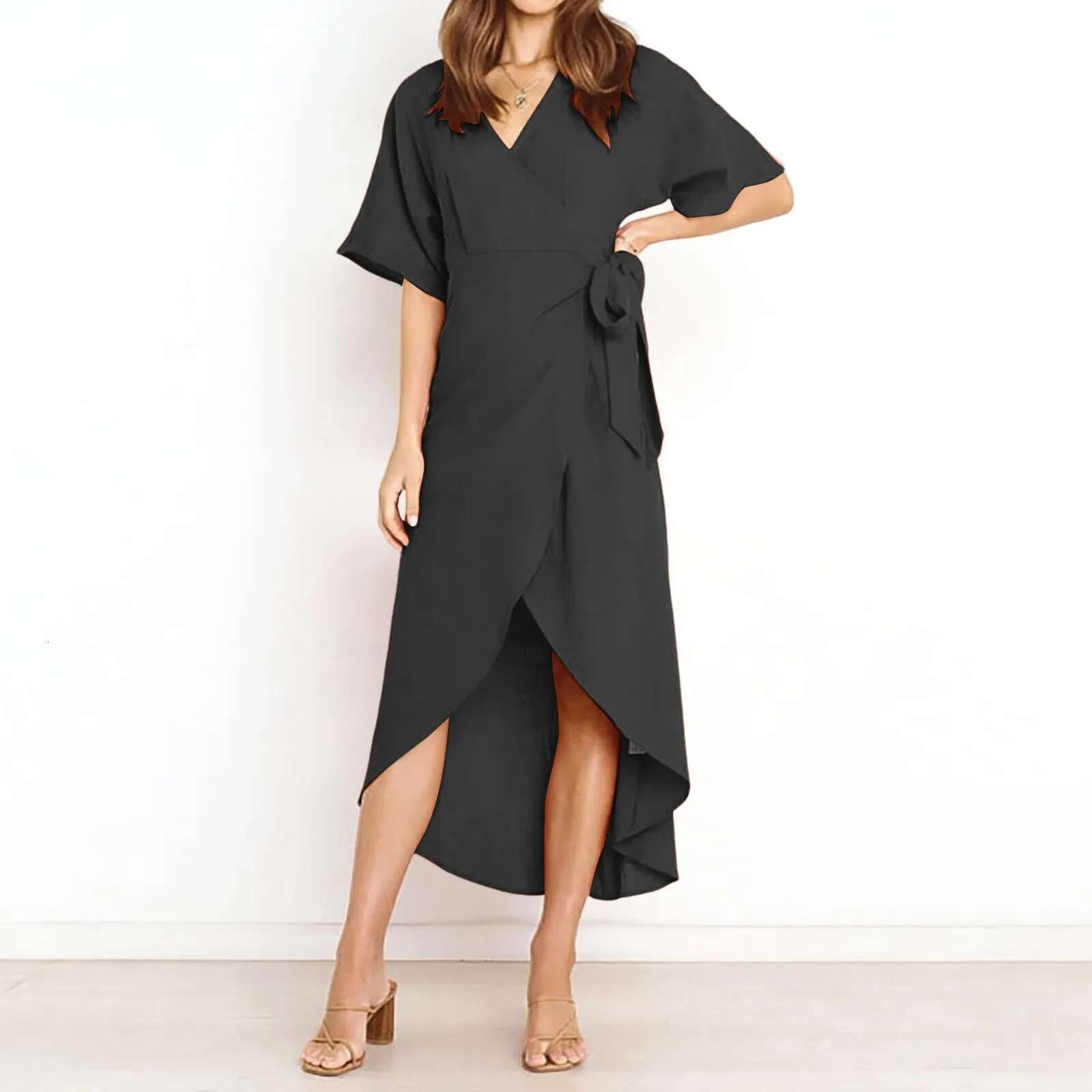 Dongdumaoyi Spaghetti Elegant Ladies Dresses Summer Sale Satin V Neck Lace Up Slim Waist Dress Short Sleeve For Women