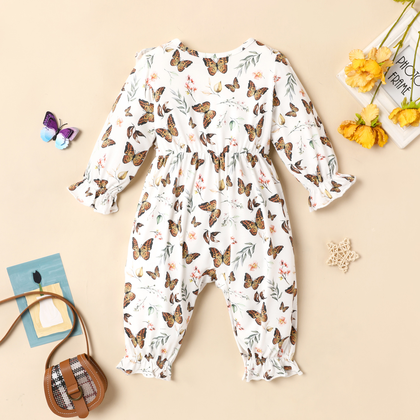 PatPat Baby Girl Solid Cotton Ribbed or Allover Butterfly Print Naia Ruffle Trim Long-sleeve Jumpsuit