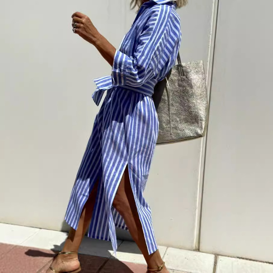 2024 Autumn Half Sleeve Striped Double Side Split Shirt Dress for Women
