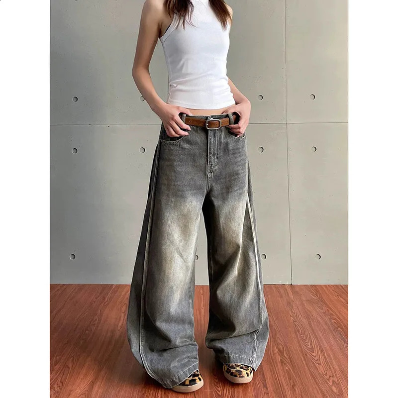 2025 grey womens jeans high waisted retro straight pocket denim pants streetwear Y2K n fashionable wide leg Trouser 250417