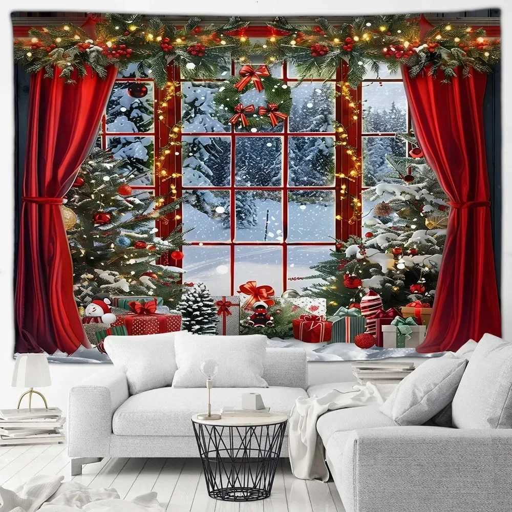 Christmas Day party decoration tapestry Winter snow scene Christmas tree garland window landscape wall hanging home decorationM251125