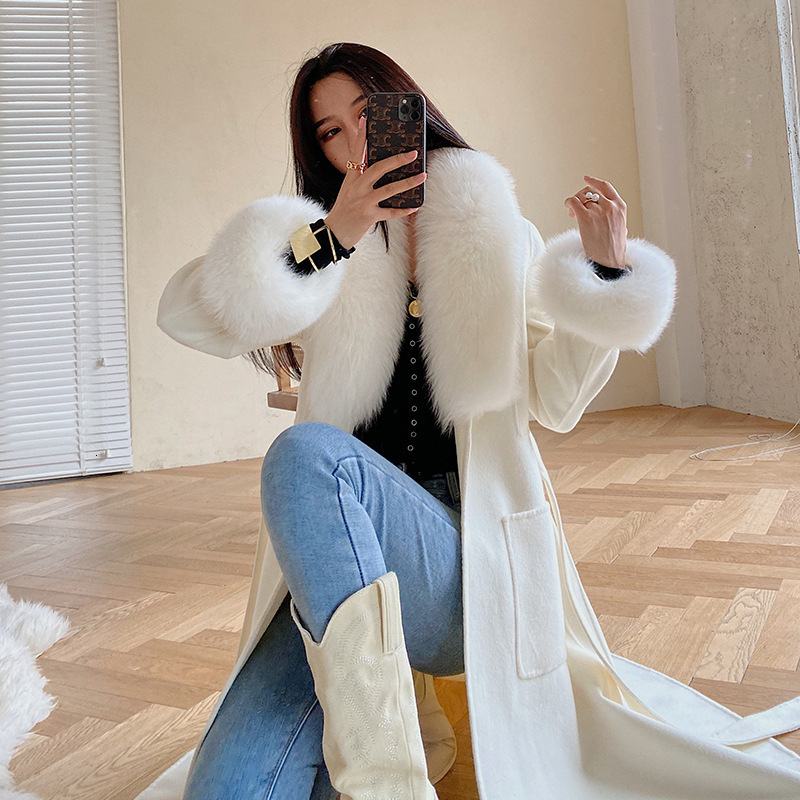 Fashion Women Woolen Coat Winter Slim Solid Pocket Double-Breasted Big Fur Collar Thick Warm Woolen Coat Female Outwear 240822