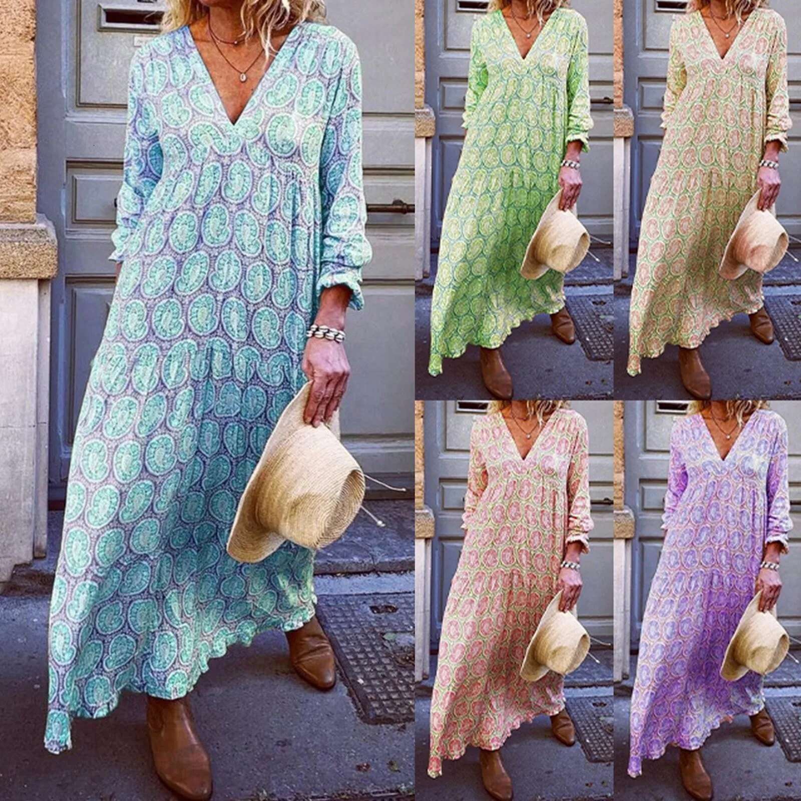 Dongdumaoyi Boho Maxi Dress Women Summer V Neck Loose Long Dresses Geometric Print Vintage Holiday Beach Casual Female Vestidos