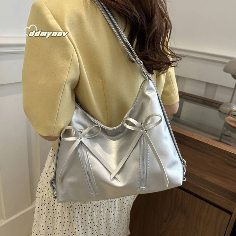 Sier Small Bow Pu Leather Shoulder Bags for Women 2025 Summer Designer Fashion Handbags and Purses Trend Crossbody Bag ddmynov