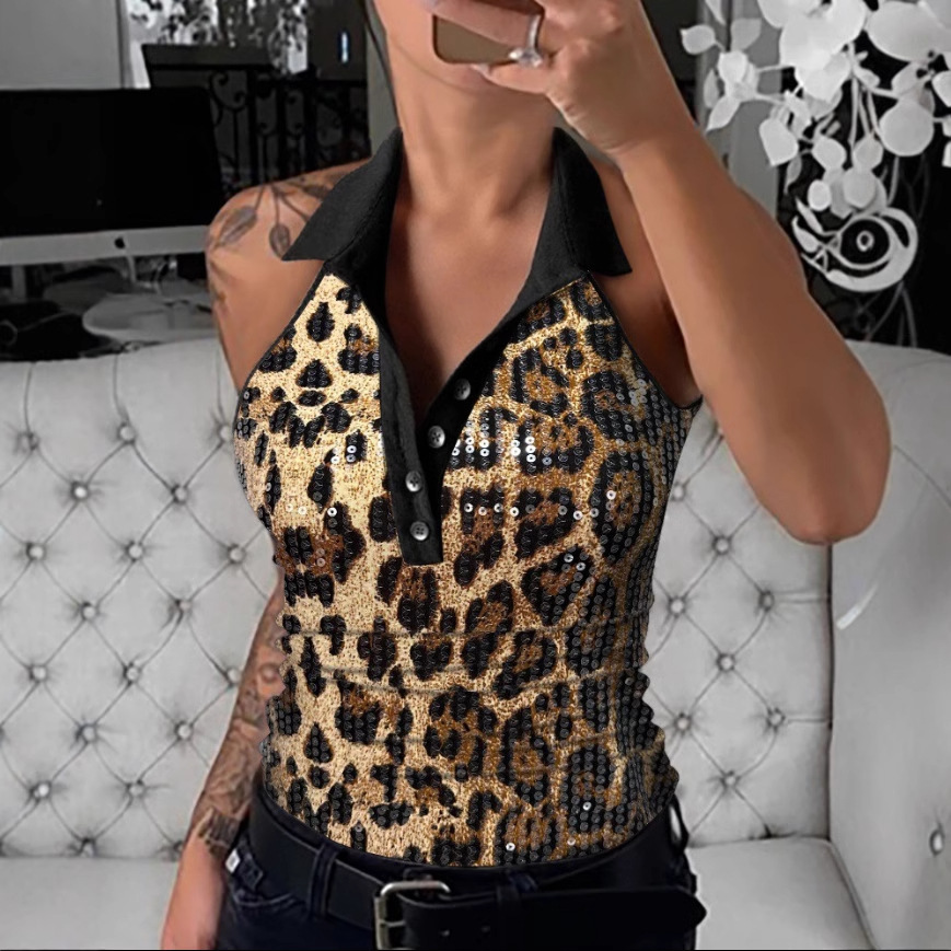 2025 new summer fashion sequin lapel button slim fit sleeveless vest womens clothing