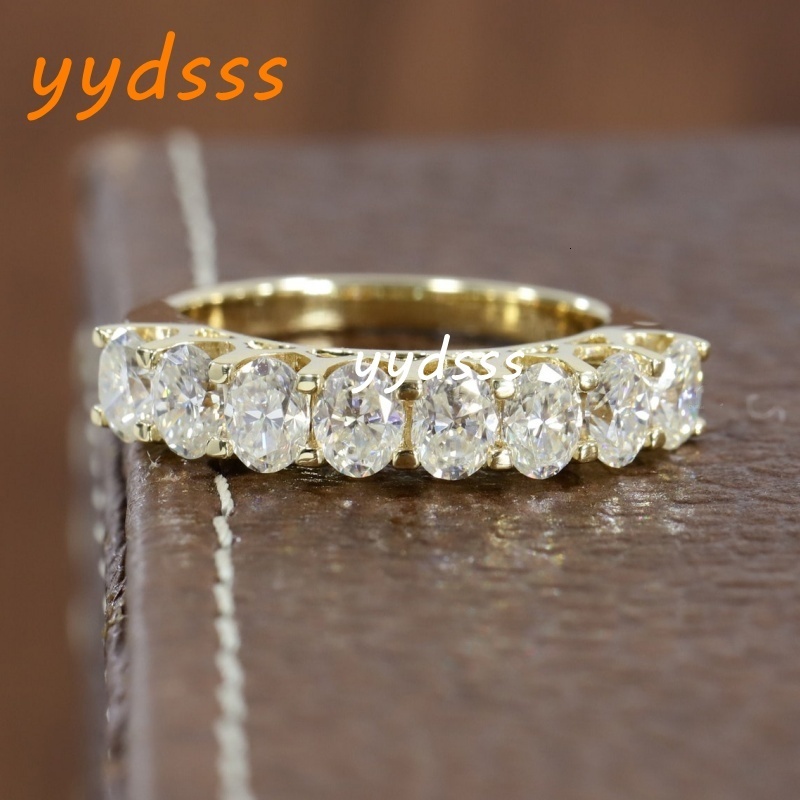 18K Yellow Gold 8 Stones 4.5*3.2mm Oval Cut Lab Diamond Ring Womens Eternity Solid Gold Half Prong Set CVD Diamond Gold Ring For Wedding Anniversary G