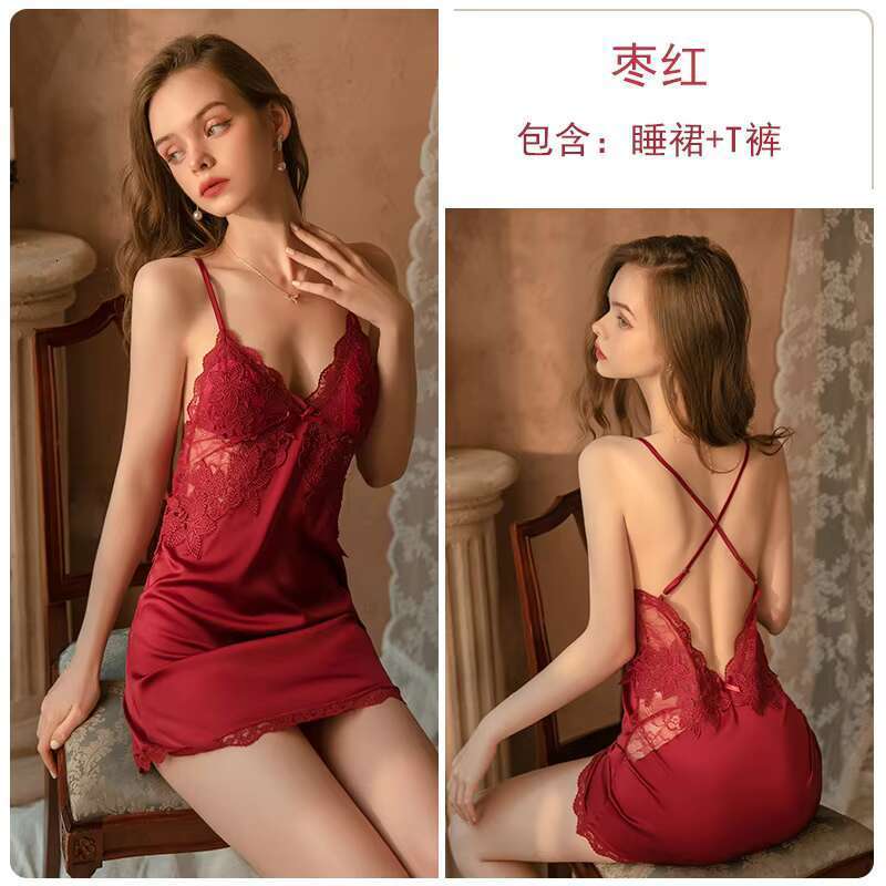 Sexy Night Womens Sleepwear Lace Satin Nightdress Mini Sleep Dress Nightwear Nightgown With Thongs Panties