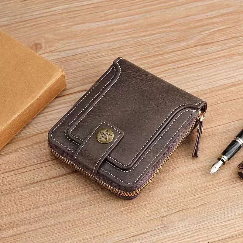 Vintage Men's Wallet PU Leather Short Purse Men Hasp Zipper Clutch Solid Color High Quality Durable Convenient Wallets