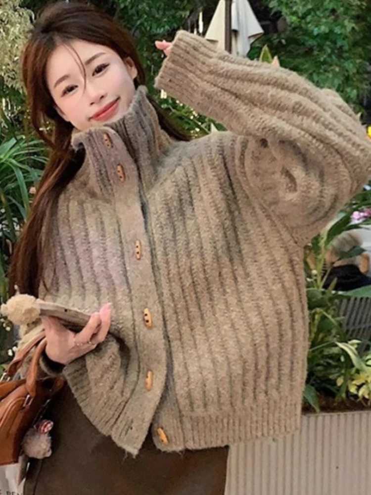 Elegant Loose Turtleneck Womens Sweater 2025 Korean Style Vintage Cardigan Knitted Jackets Winter Casual Thickened Knitwear TopT251125