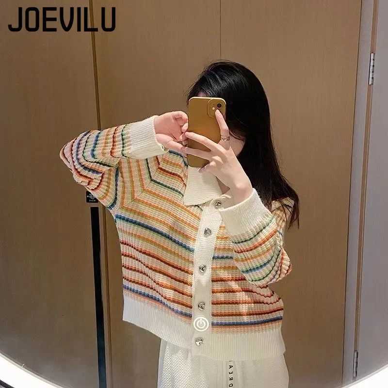 JOEVILU Rainbow Striped Sweater Polo Collar Loose Knitted Cardigans Womens Autumn Retro Fashion Pullover Top Casual Y2k ClothesT251125