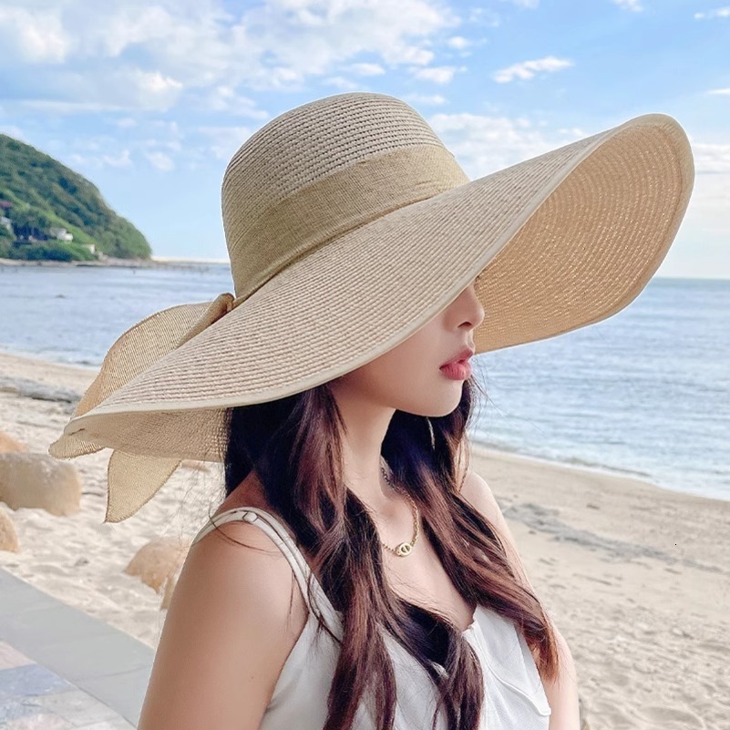 Summer Womens Sun Hat Extra Wide Brim Foldable Polyester Woven Craft Perfect for Sun Protection at the Beach 250424
