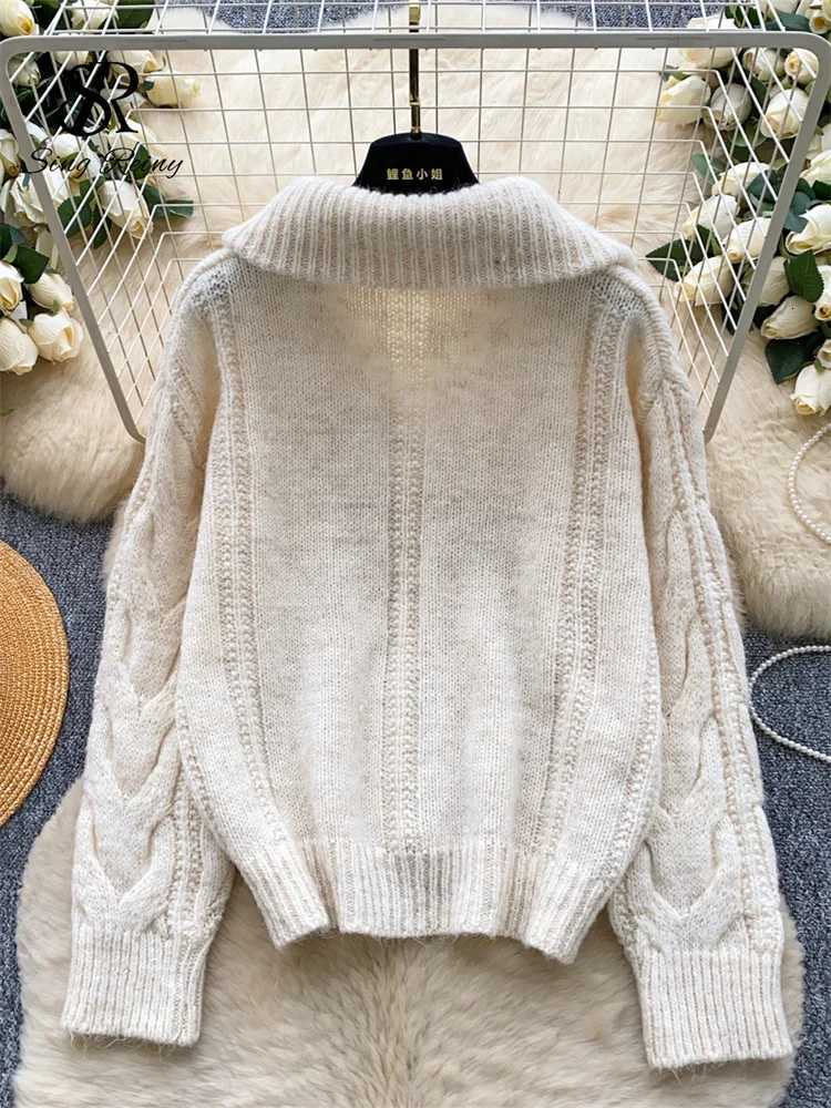 SINGREINY Women Vintage Thick Knitted Cardigan Lapel Full Sleeve Zipper Design Autumn Trend Tops Winter Twist Drill Lazy SweaterT251125