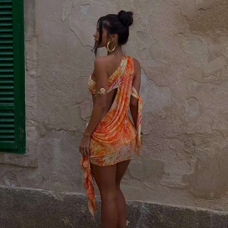 Dongdumaoyi Townlike Print Slim Bodycon Dress Women One Shoulder Mini Spring Summer Nightclub Sexy Party Dresses