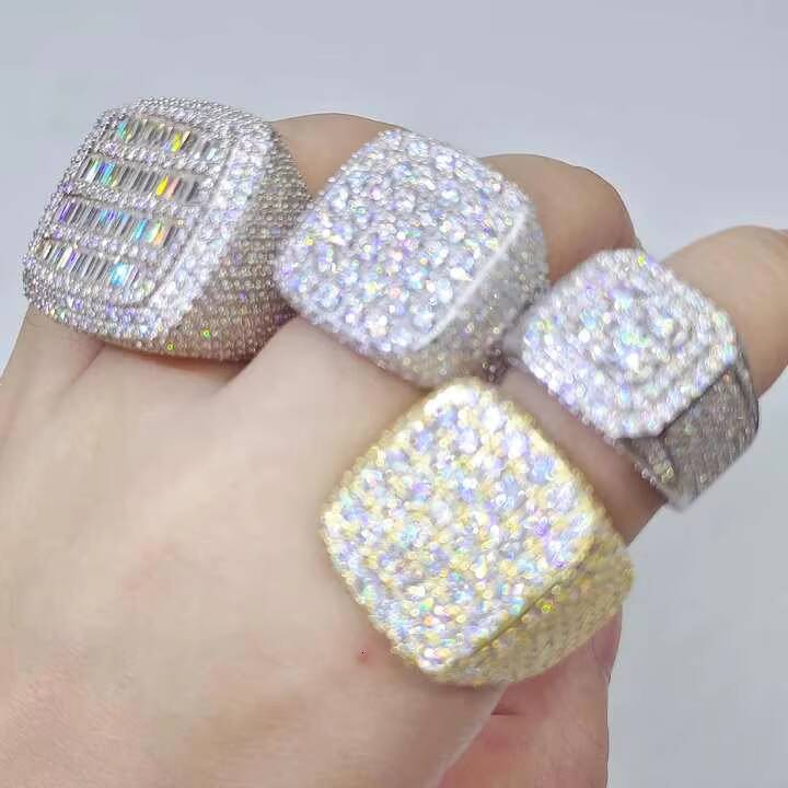 Hip Hop Custom Moissanite Mens Ring 925 Sterling Silver Fashion Square Cuban Link Band Adjustable Size Gold Plated Jewelry