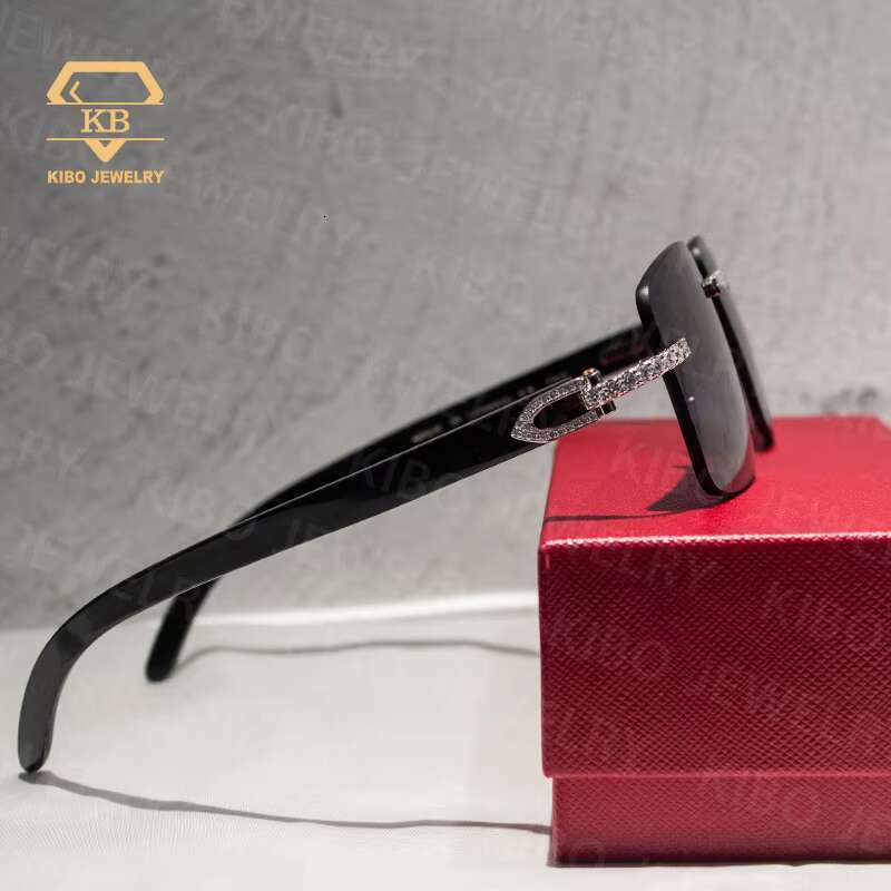Iced Out Hip Hop Glasses Black Buffalo Horn Rimless VVS Moissanite Sunglasses for Men