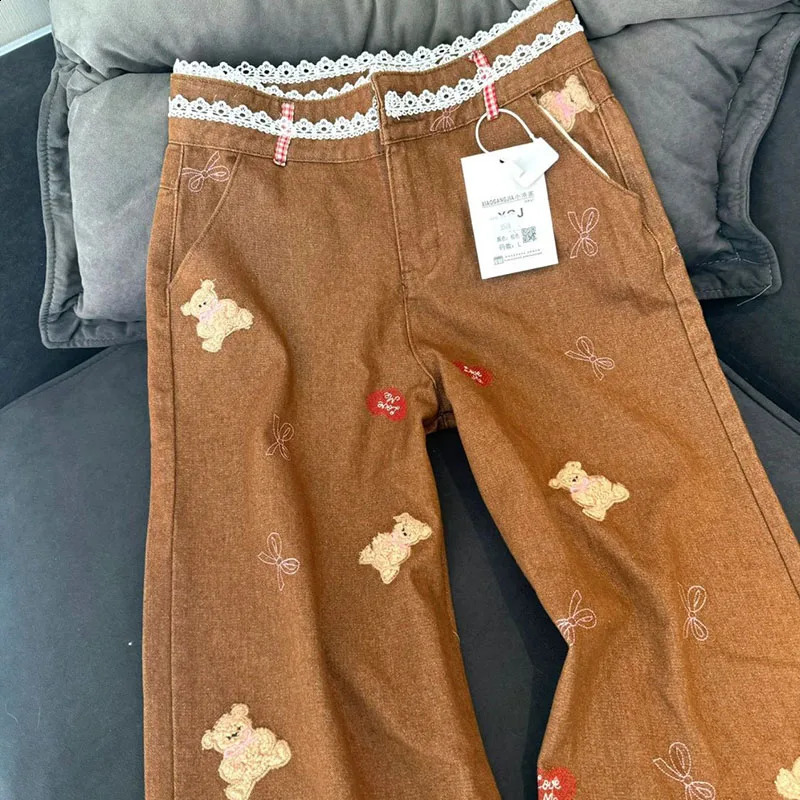 Jmprs Retro Bear Embroidered Jeans Womens Casual Bag Straight Trouser Y2K Lace Plain Splicing Denim Pants Womens 250422