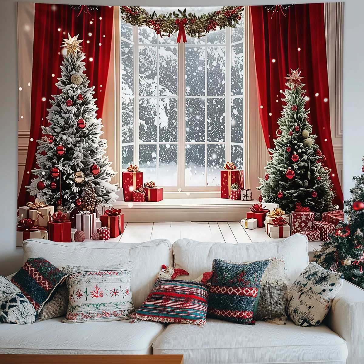 1pc Christmas Photography Background - Dreamy Winter Snow Scene Christmas Tree Tapestry Window and Interior Wall HangingM251125