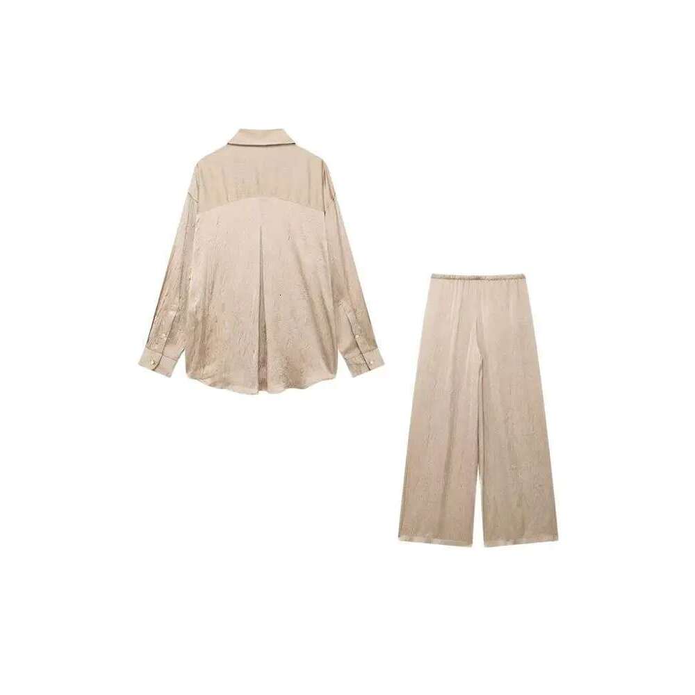 TRZA Women Fashion Creased-Effect Satin Shirts And High Elastic Waist Wide Leg Pants Female Two Piece Sets Mujer