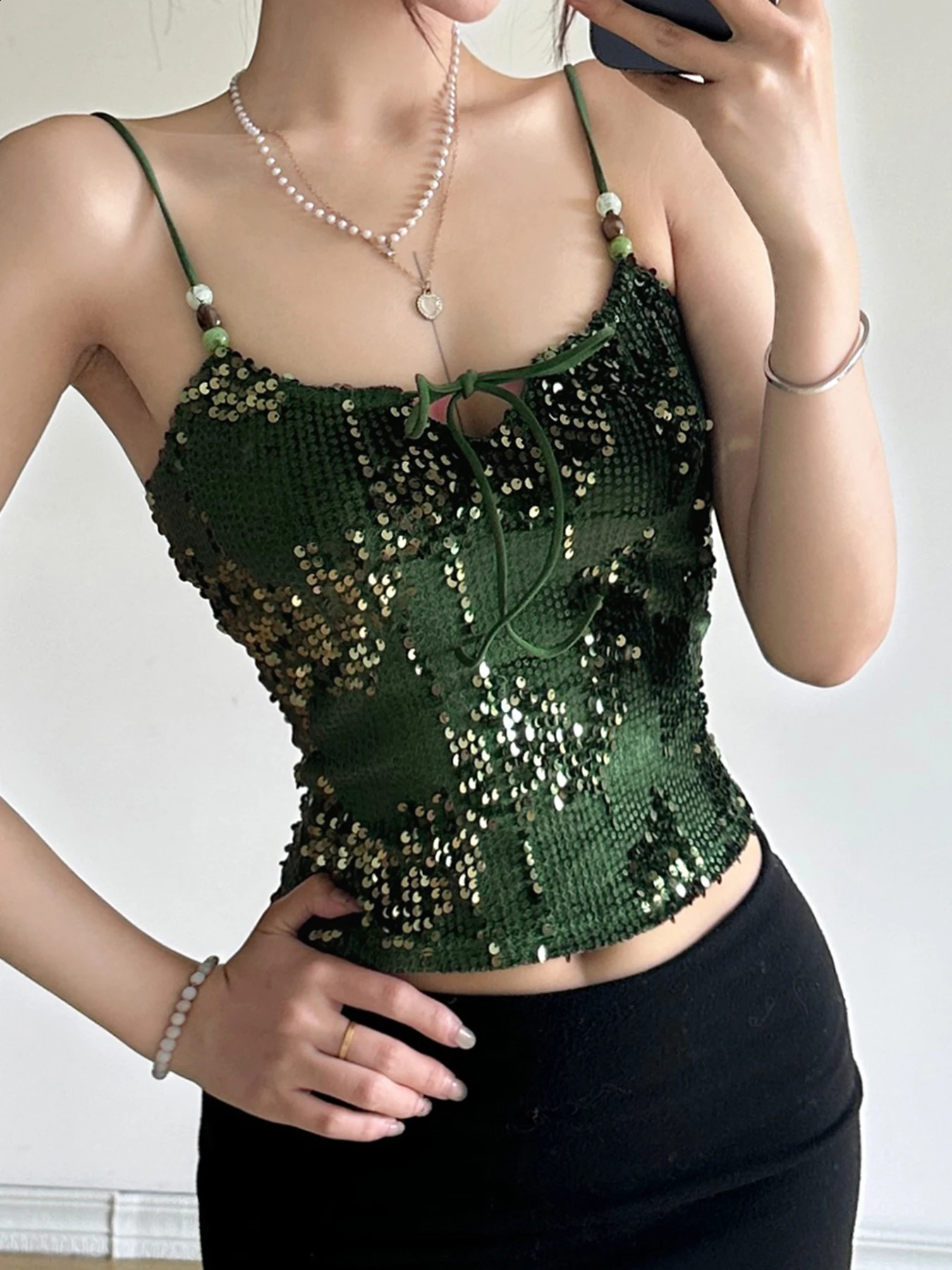 Rockmore vintage shoulder strap sequin Camisol top Y2K ultra-thin fit decal work sleeve spaghetti shoulder strap vest Top club clothing Fashion clothi