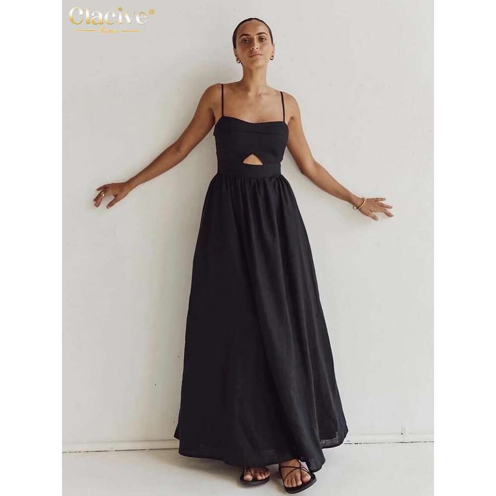 Clacive Sexy Loose Black Cotton Womens Dresses 2024 Summer Strap Sleeveless Ankle Length Elegant Hollow Out Female Dress
