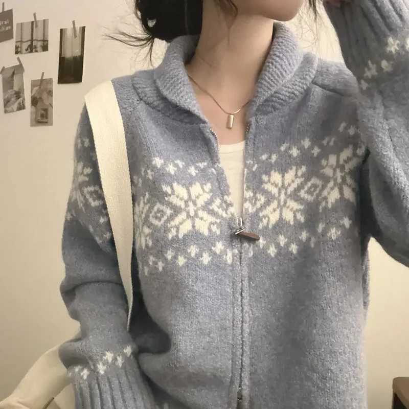 Autumn Winter Zipper Cardigan Casual Sweater Women Knitted Long Sleeve Jackets New Fashion Printed Lapel Elegant Knitwear FallT251125