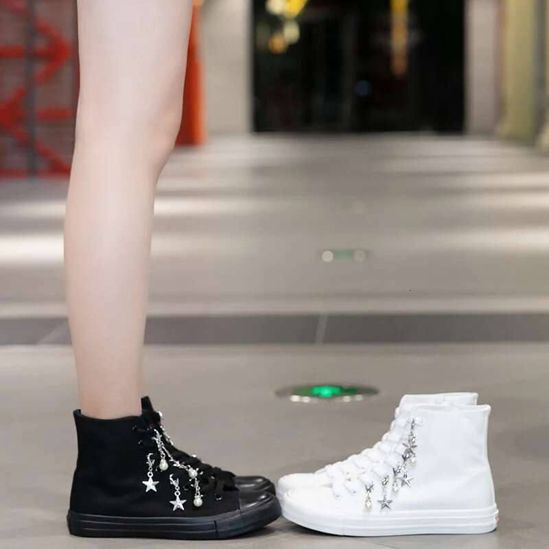 Spring new high-top cross-tie pearl rhinestone chain canvas flat inner heightening casual daily large size women's shoes