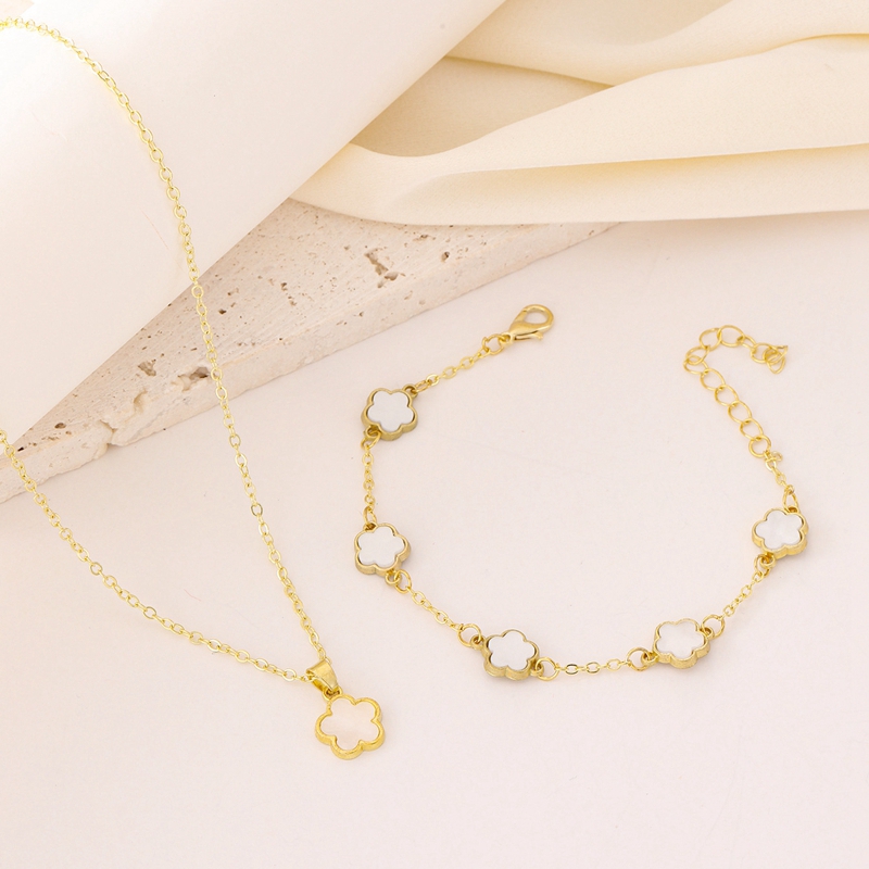 Five Petal Clover Flower Charm Chain Necklace Bracelet Jewelry Sets for Women Desinger Bracelet 18K Gold Plated Pearl Pink Crystal Gift Bridal Wedding
