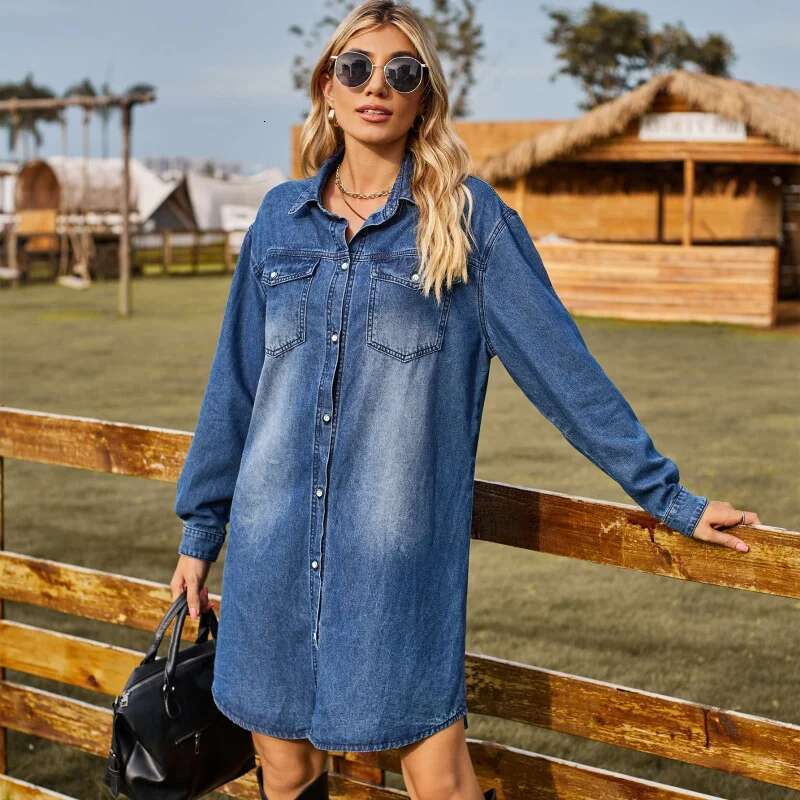 Dongdumaoyi New Washed Denim Loose Casual Long Sleeves With Adjustable Buckle Women S Fashion Dress C