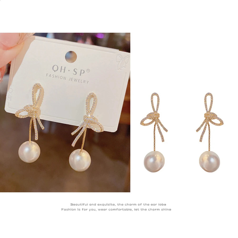 micro inlaid zircon bow hanging pearl earrings suitable for women to look slim 250422