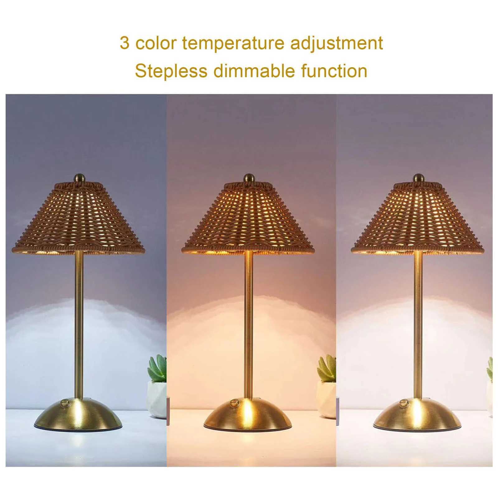 Cordless Boho Rattan Table Lamp PC Rattan Weaving 600mAh LED Rechargeable Reading Light Compact Energy Saving for RestaurantM251125