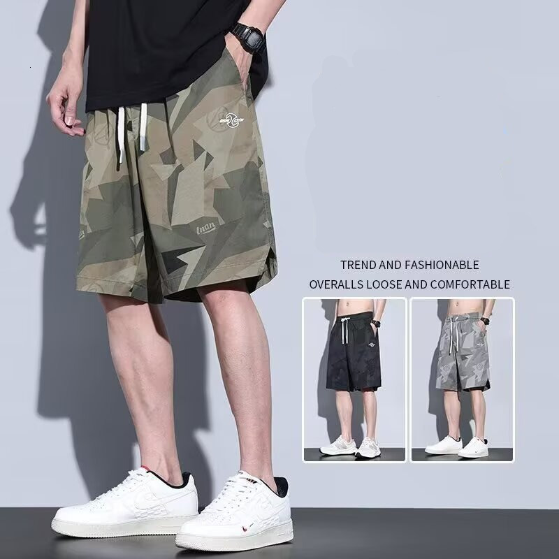 Summer ice silk sports five point shorts for men's fashion thin, loose, cool, breathable, student casual camouflage work pants