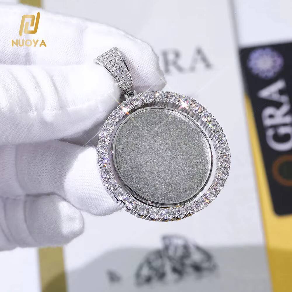 NUOYA 925 Sterling Silver Moissanite Photo Pendant Double Sided Rotating Circle Iced Out Custom Memory Jewelry Gift for Women