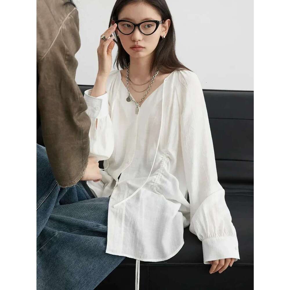 CHIC VEN Women Loose Lace Up Shirt Solid New Korean V-Neck Pleated Raglan Long Sleeved Blouses Female Tops Spring Summer 2025