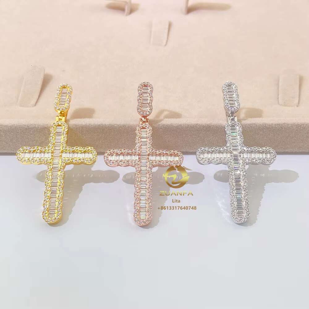Hip Hop Fashion Iced Out Jewelry Vvs baguette Moissanite Men Silver 925 Custom Cross Pendants