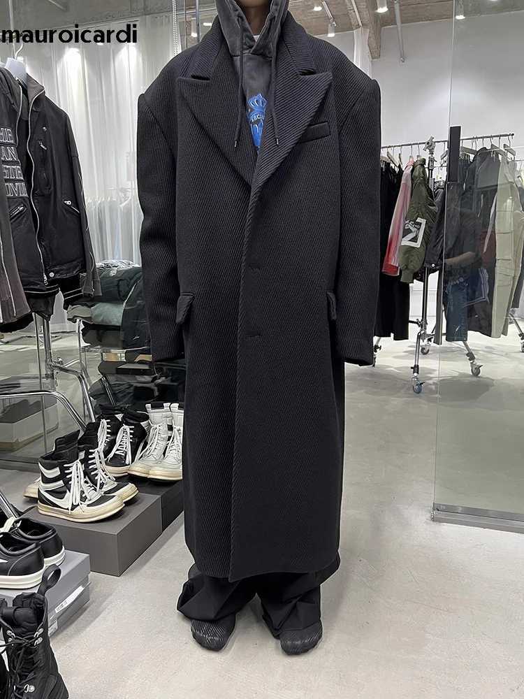 Mauroicardi Autumn Winter Cool Oversized Long Warm Black Woolen Coat Men Luxury Designer Clothes Wool Blends Overcoat 2024T251125