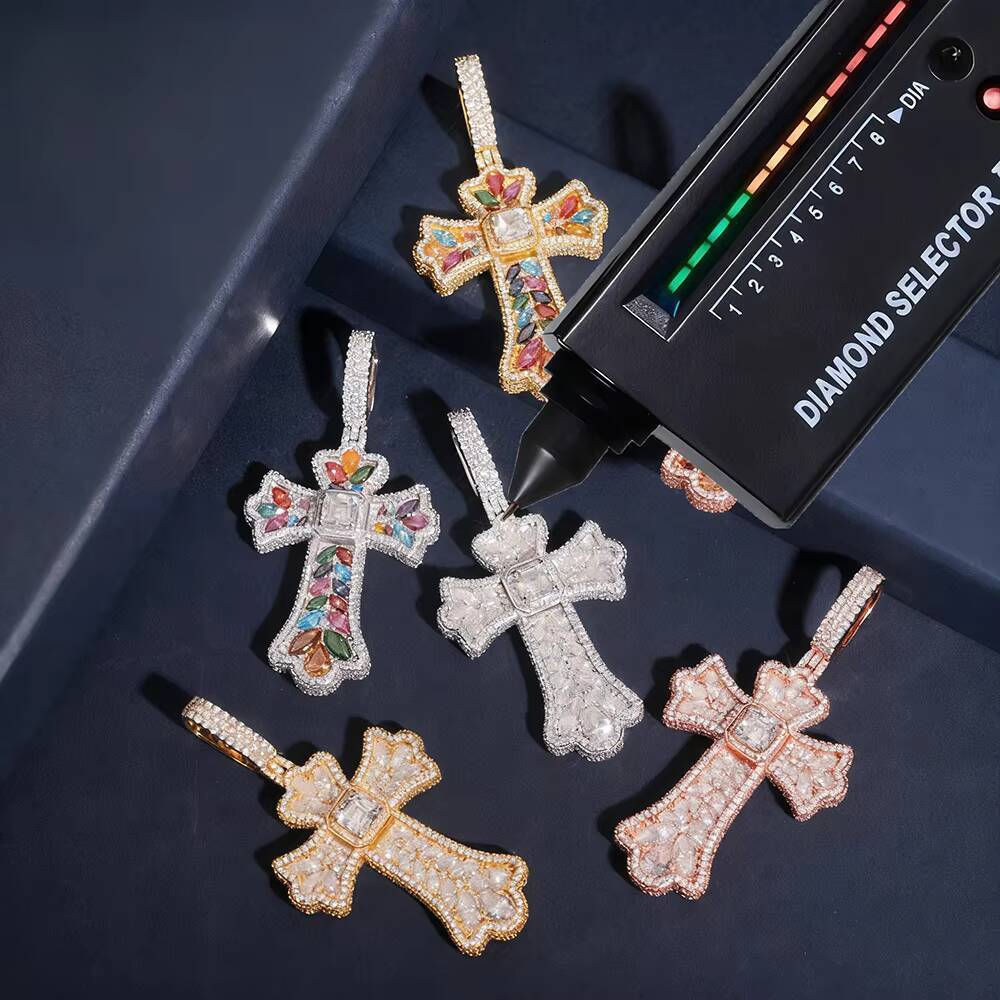 Custom Wholesale Hip Hop Iced Out Vvs Moissanite Cross Pendant 18k Gold Plated Pass Diamond Test Necklace Chain Fine Jewelry Men