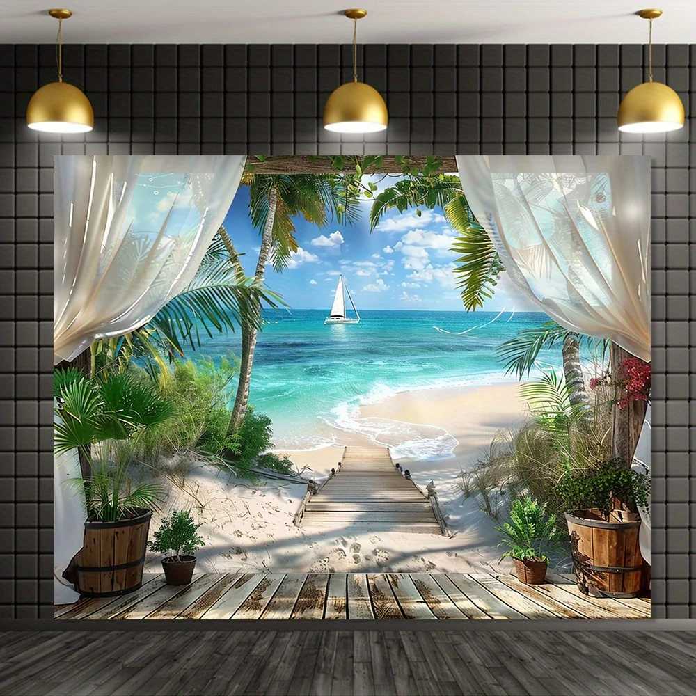 1 natural style polyester tapestry showcasing forest mountain scenery green pine trees white clouds and flowing rivers suitaM251125