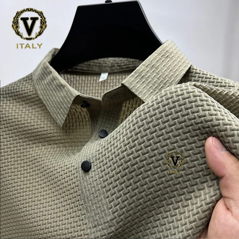 Fashionable printed ice silk elastic polo shirt summer breathable mens business short sleeved top 250422