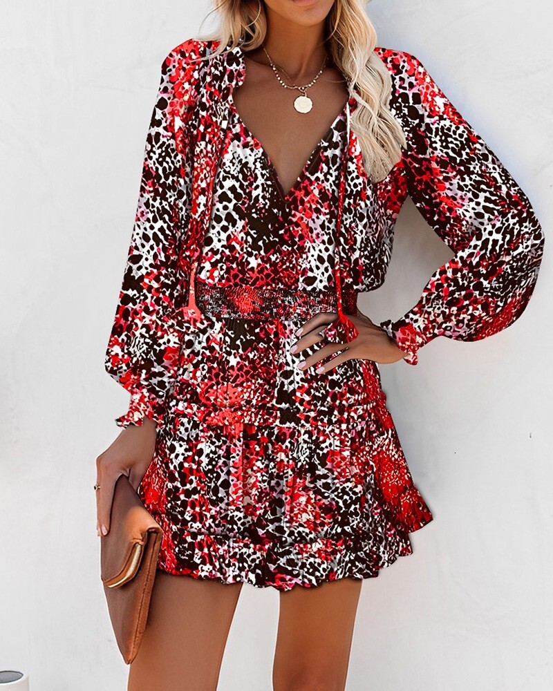 2023 Spring/Summer Long Sleeve V-neck Fashion Printed Waist Dress for Women