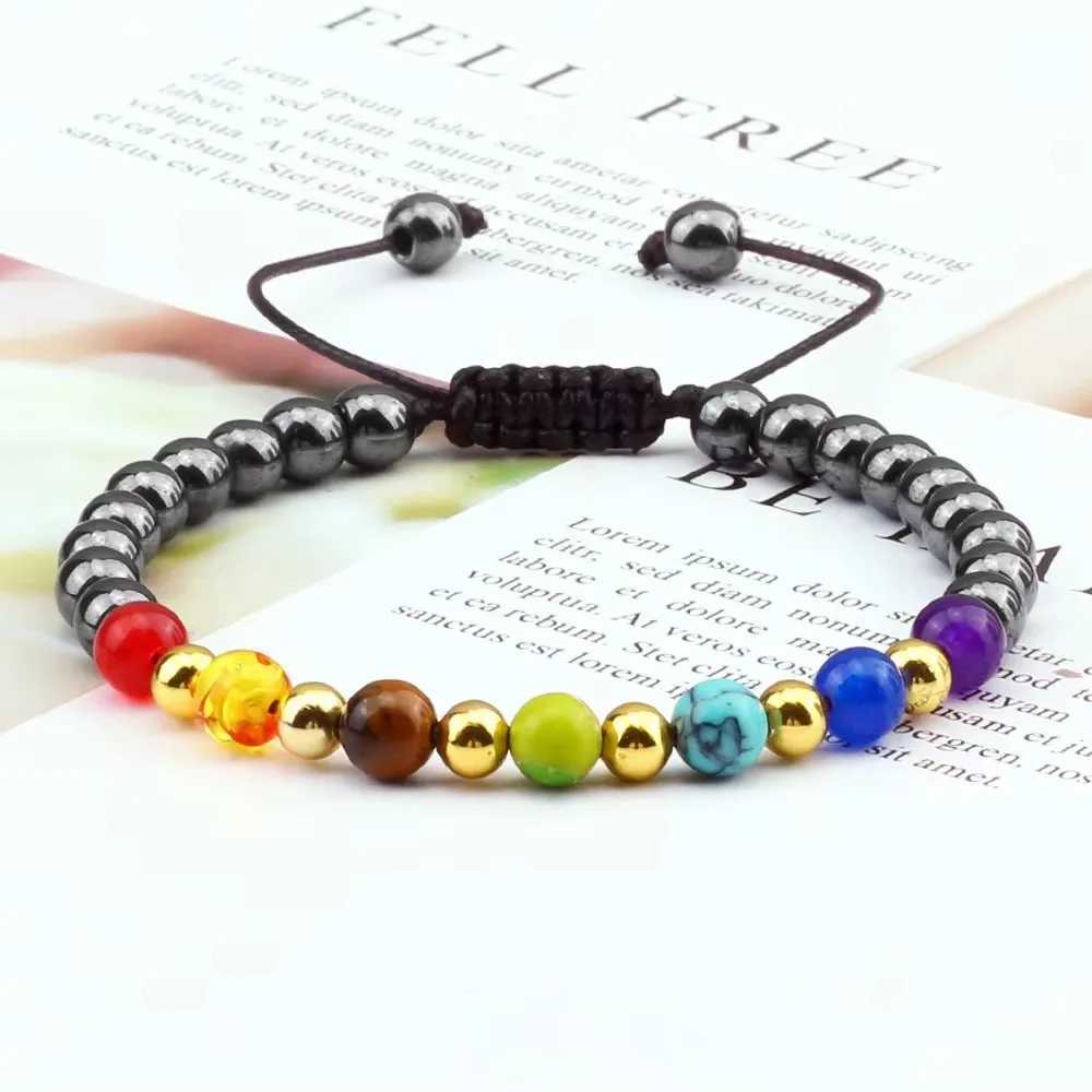 New Budda 7 Chakra Natural Stone Braided Bracelet 6mm Black Gallstone Black Line Lava Beads Bangle Chain Adjustable Jewelry Gift J251125