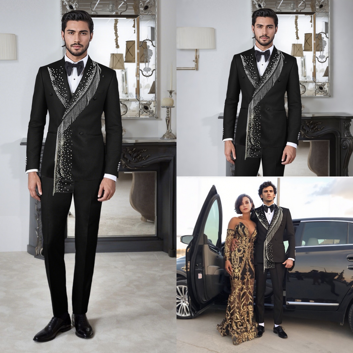 Handsome Black Wedding Tuxedos 1 Piece Set Jacket Tassel Beaded Men Suit Peaked Lapel Customized Groom Wear Party Suits