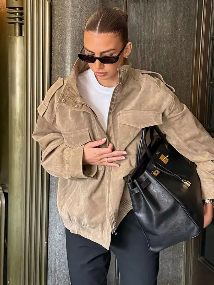 HH Retro Suede Textured Leather Jackets For Women Autumn Street Fashion Coats Solid Long Sleeves High Neck Causal Outerwear 251124