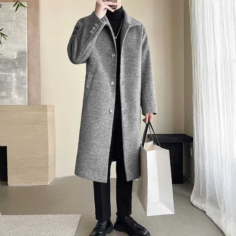 LIBIELIY Autumn Winter Male Wool Blend Coats Fashion Long Business Casual Woolen Outwear Men Turn Down Collar Trench Coat WinbreT251125